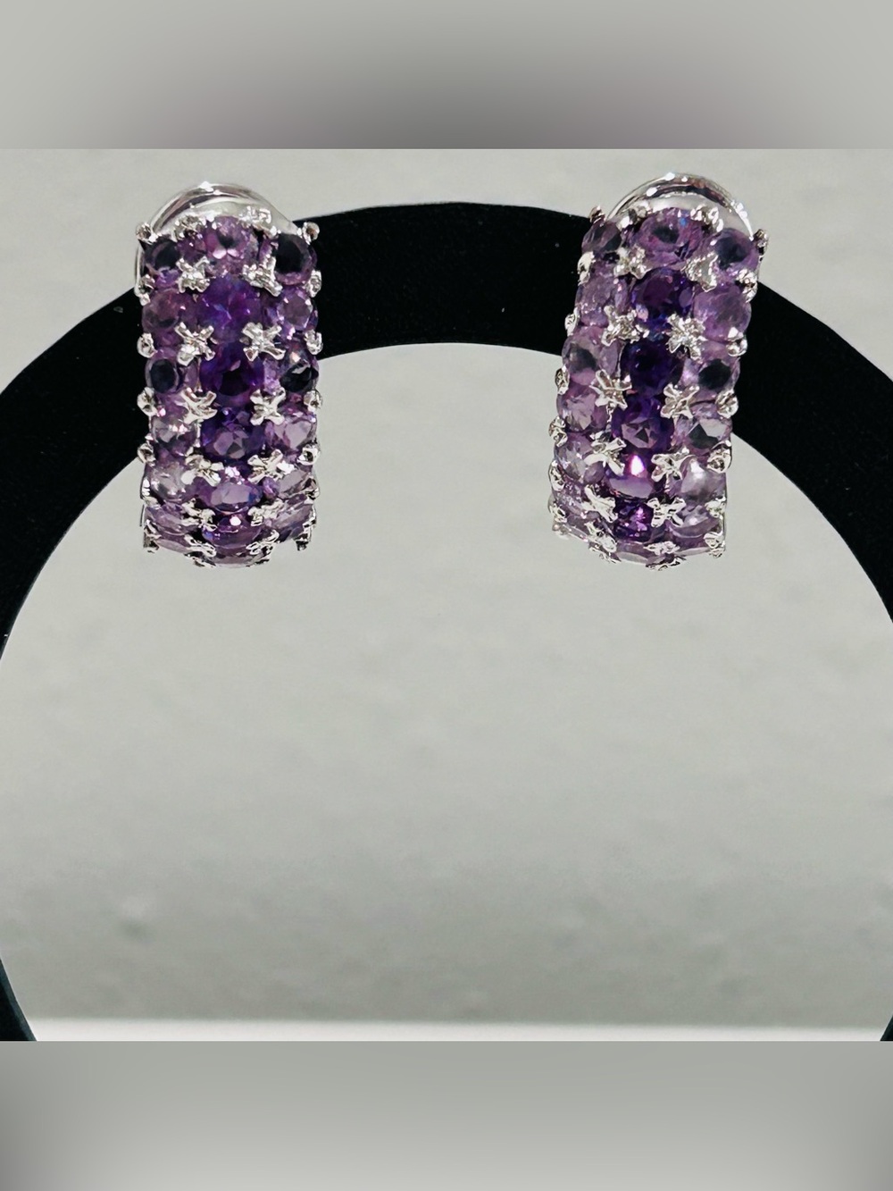 Chunky Amethyst Pierced Huggie Earrings 925 Silver Plated Multi-Row Pave' Set